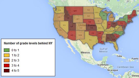 image of US map showing 8th grade math expectations disparity